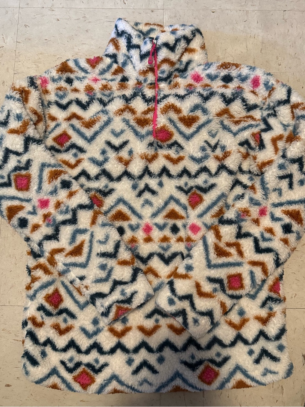 Eddie Bauer Cream Fuzzy Cowl Pullover with Navy, Brown & Pink Pattern